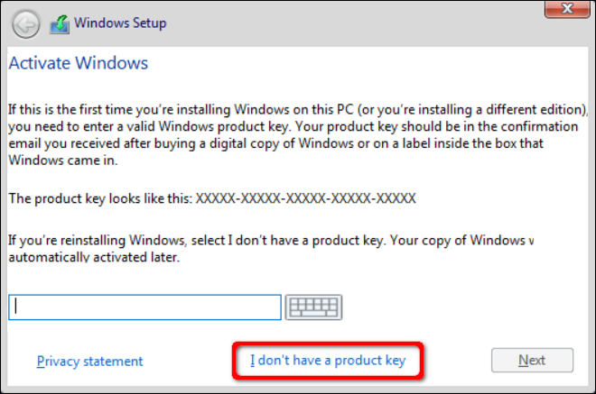 Windows 10 Setup Don't Have Product Key Link