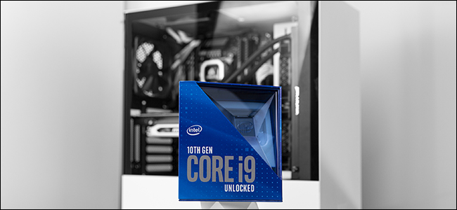 A Blue Intel 10th Gen Core i9 Comet Lake package.