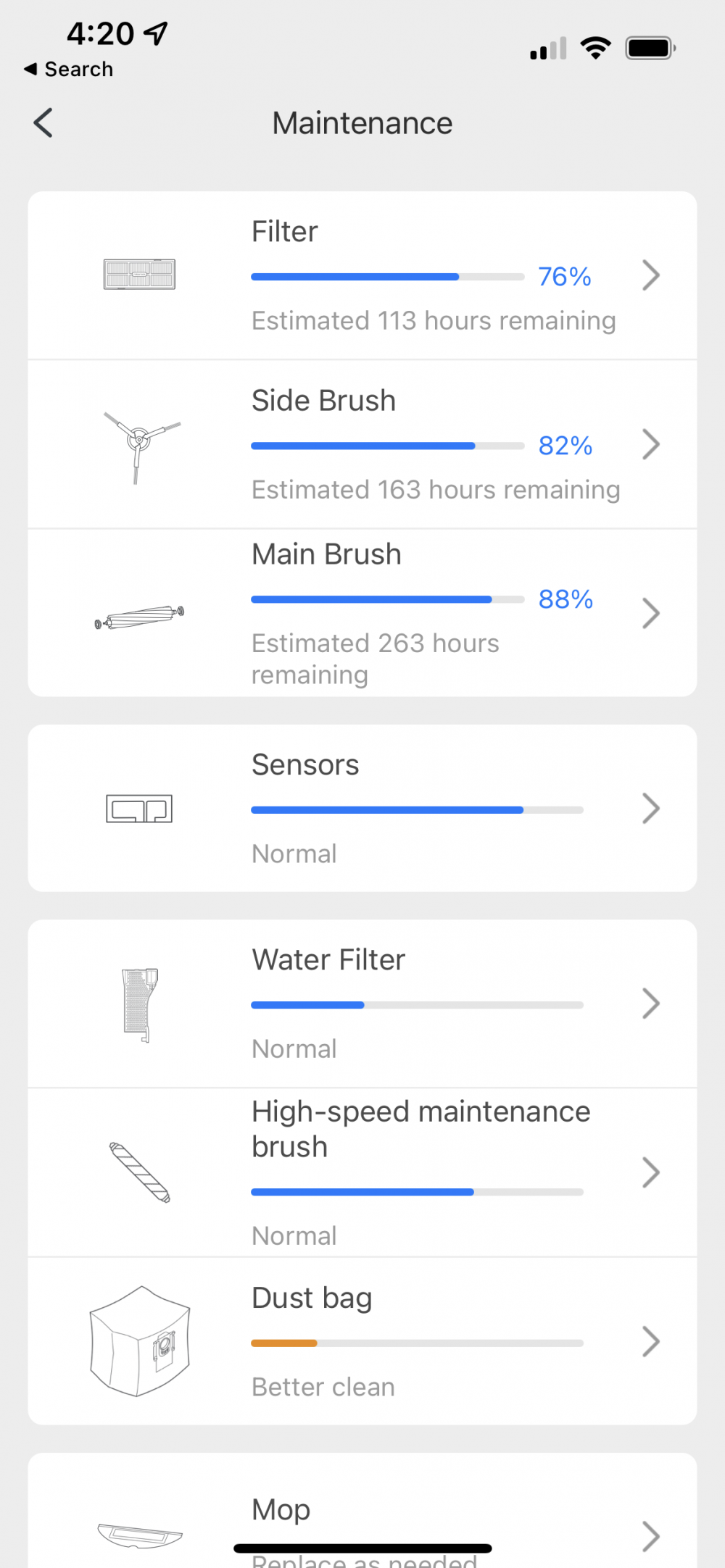 Roborock's maintenance overview within the robot vacuum's mobile app