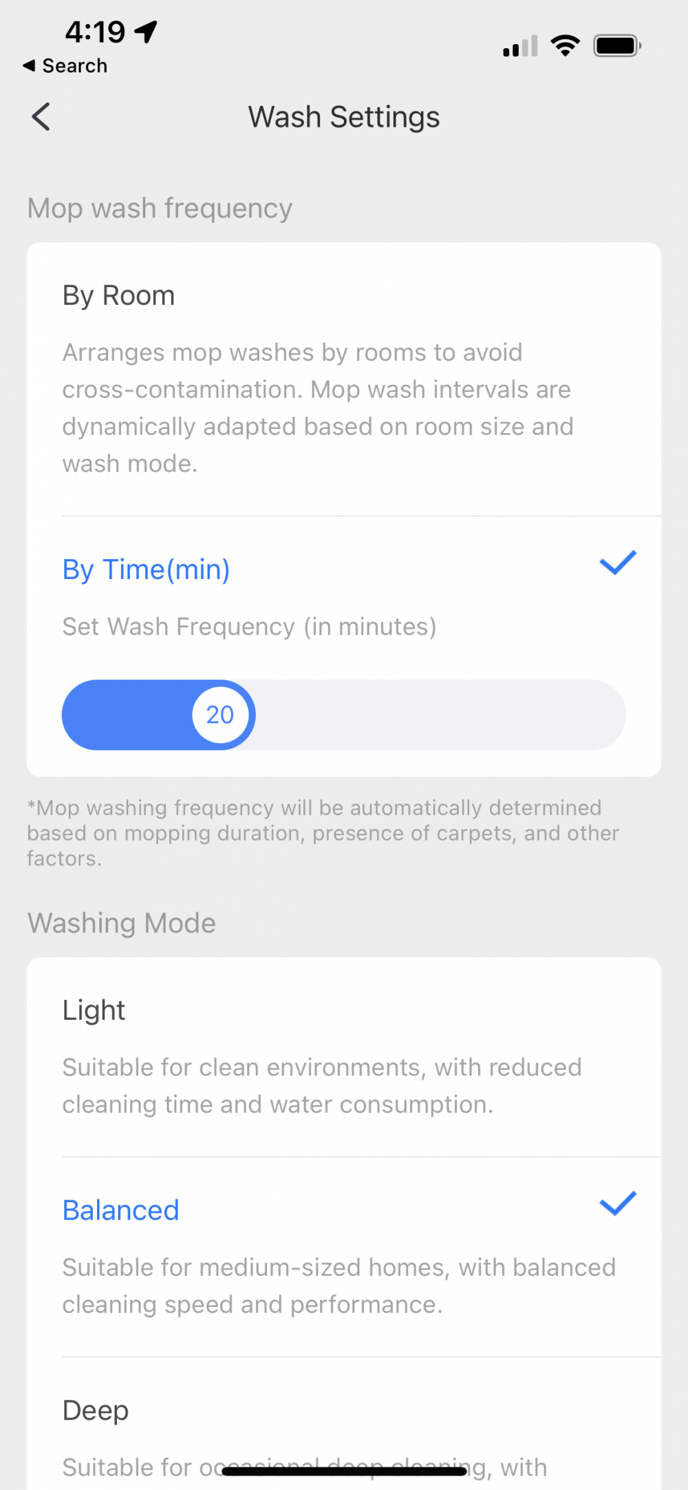 Roborock's mop settings in the robot vacuum's mobile app