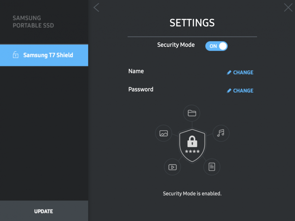 Samsung Portable SSD software showing that a drive is password protected