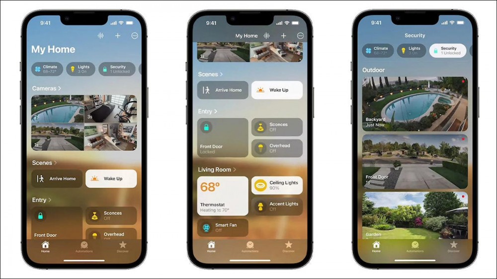 Several images of the new design elements of the updated Home app.