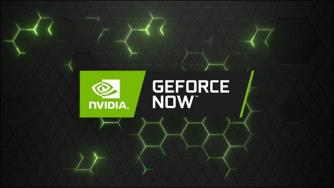 GeForce Now Logo on a Green and Grey Honeycomb Background