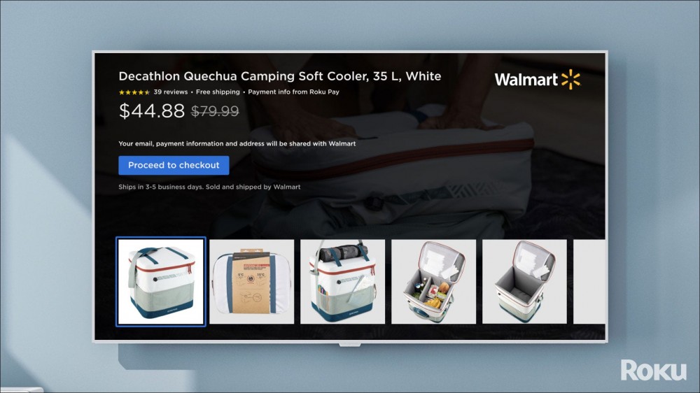 Roku ad for "Decathlon Quechua Camping Soft Cooler", with a 'Proceed to checkout' button