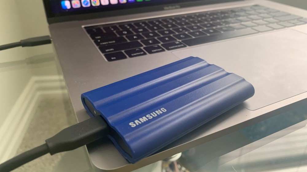 Samsung T7 Shield SSD on laptop