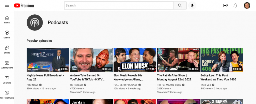 image of YouTube's Podcasts page