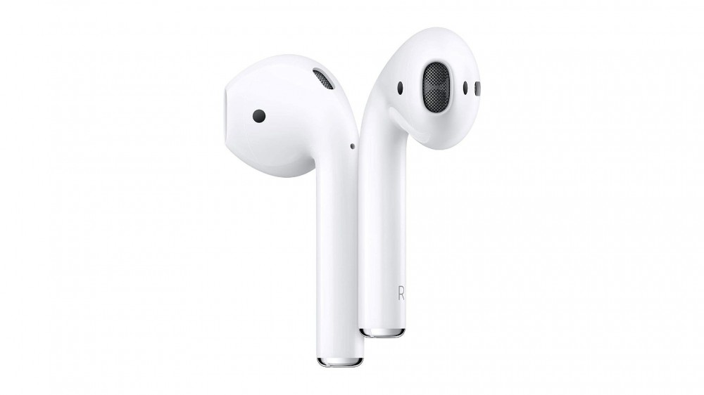 Apple Airpods 2nd generation wireless earbuds on a white background.