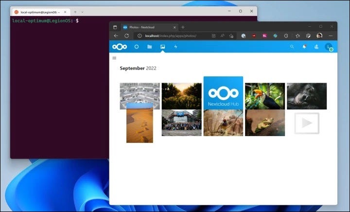 image of WSL2 and a browser with Nextcloud running