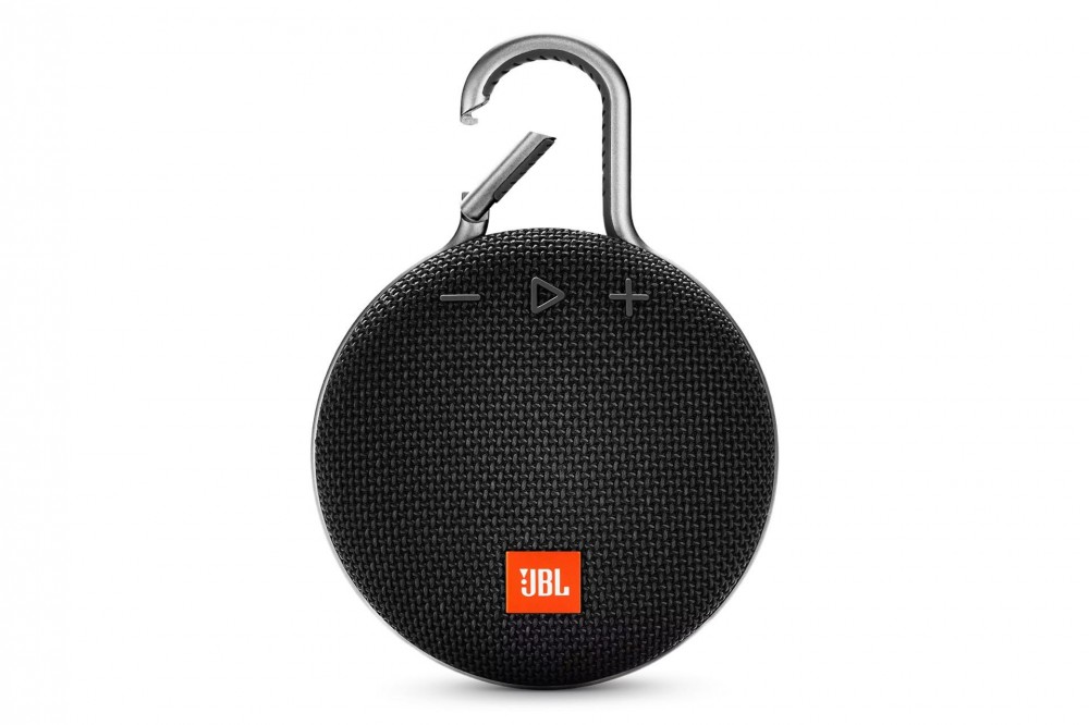 A black, circular JBL Clip 3 with a metallic clip on top.