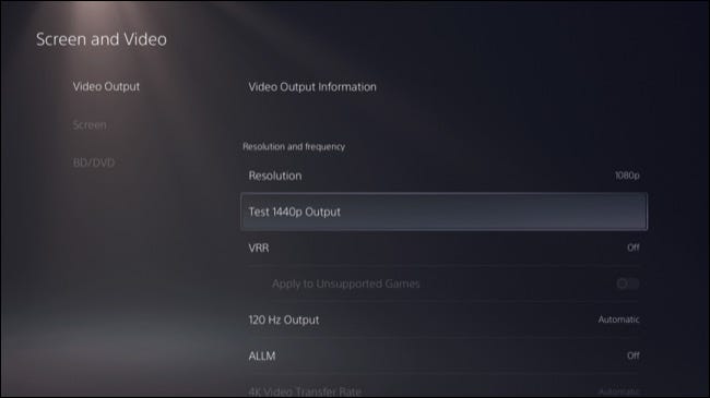 Screen and Video settings on PS5