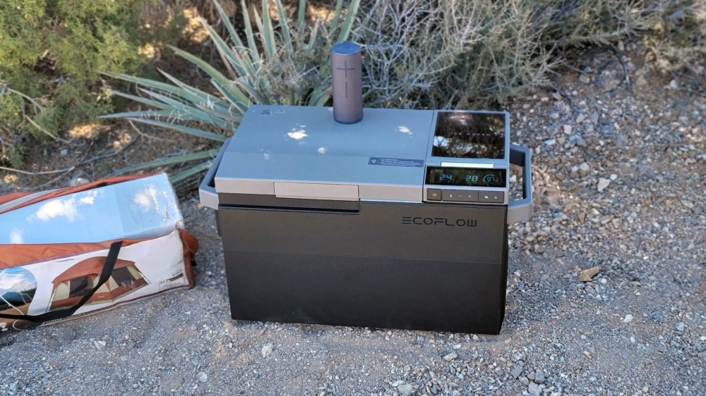 EcoFlow Glacier cooler at a camp site. 